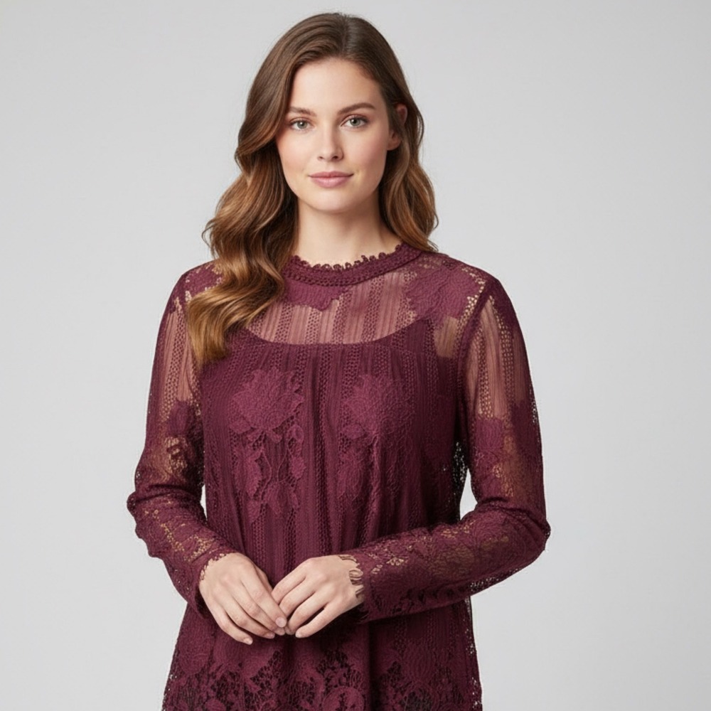 Statement Lace Top Mock Neck Long Sleeve Burgundy Womens S scallop edge femenine